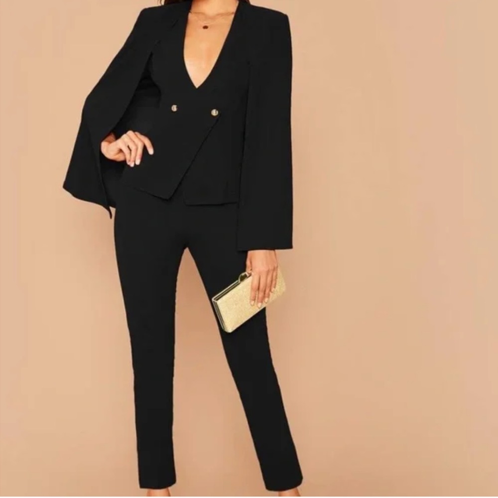 Black blazer button cape and pants suit tailor set